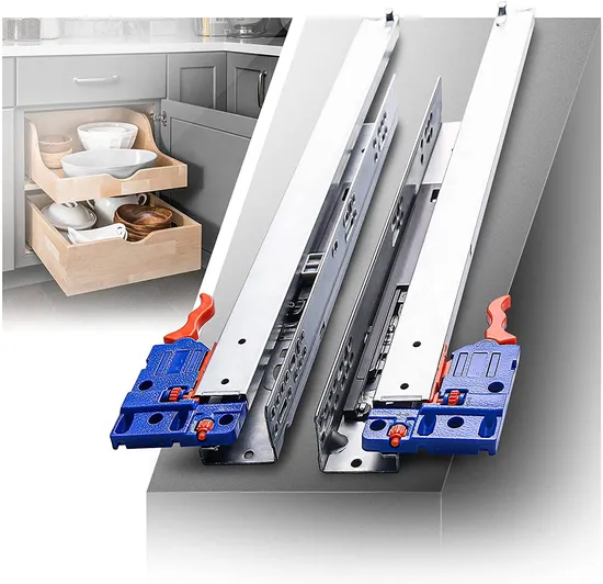 Three Fold Soft Close Concealed Full Extension Hidden Undermount Kitchen Buffer Rail Metal Steel Drawer Slide with Locking Rubber Strip Ball Bearing 